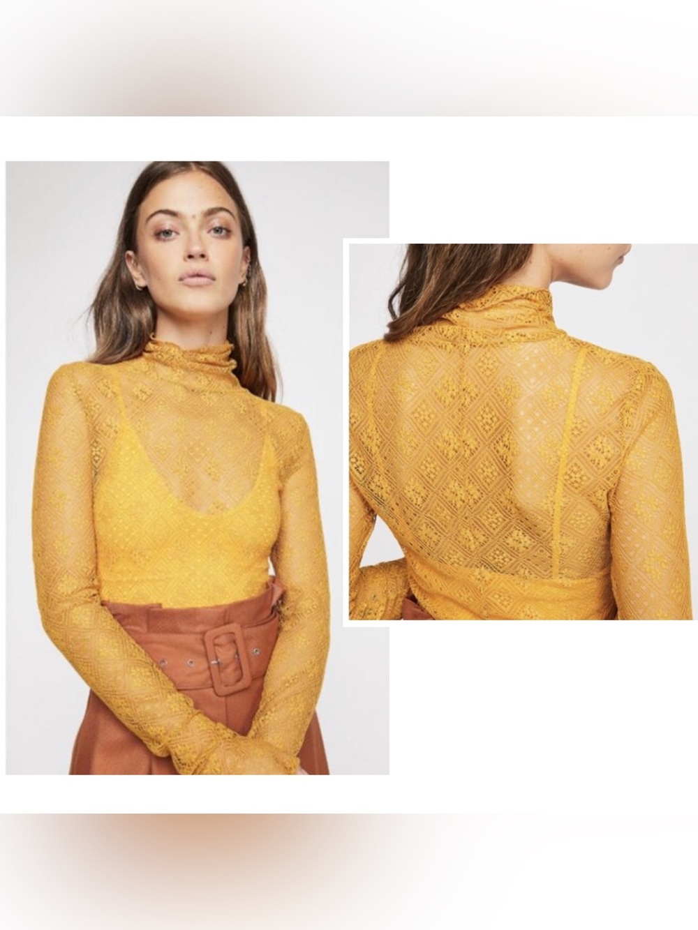 FREE PEOPLE Sweet Memories Lace Turtleneck Top Mustard Yellow Boho L FairyGoth
